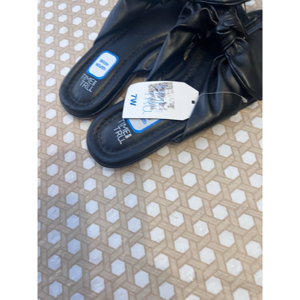 Black Sandal Flat Slides Faux Leather‎ Bow Thong Memory Foam Cushion Size 7W - Picture 4 of 6